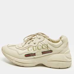 Pre Owned Gucci Off Size 33 White Leather Rhyton Logo Print Low Top Sneakers