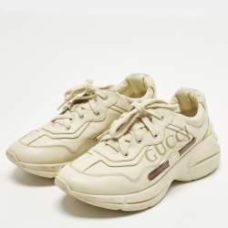 Pre Owned Gucci Off Size 33 White Leather Rhyton Logo Print Low Top Sneakers