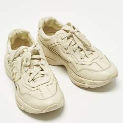 Pre Owned Gucci Off Size 33 White Leather Rhyton Logo Print Low Top Sneakers