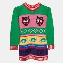 Pre Owned Gucci Green Intarsia Wool Knit Sweater Dress 8Y