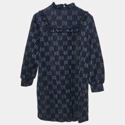 Pre Owned Gucci Kids Navy Blue Lurex and Cotton Intarsia Knit Ruffled Dress 12 Yrs