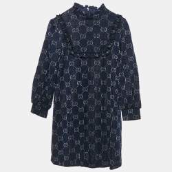 Gucci Kids Navy Blue Lurex and Cotton Intarsia Knit Ruffled Dress 12 Yrs