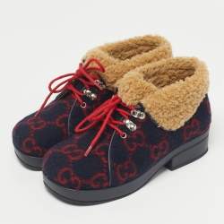 Pre Owned Gucci Navy Blue/Red GG Wool and Fur Ankle Boots Size 32