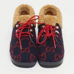 Pre Owned Gucci Navy Blue/Red GG Wool and Fur Ankle Boots Size 32