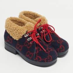 Pre Owned Gucci Navy Blue/Red GG Wool and Fur Ankle Boots Size 32