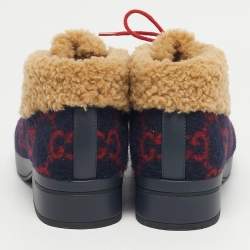 Pre Owned Gucci Navy Blue/Red GG Wool and Fur Ankle Boots Size 32