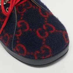 Pre Owned Gucci Navy Blue/Red GG Wool and Fur Ankle Boots Size 32