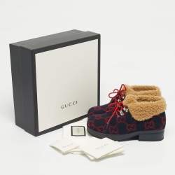 Pre Owned Gucci Navy Blue/Red GG Wool and Fur Ankle Boots Size 32