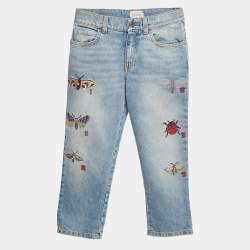 Pre Owned Gucci Blue Butterfly Embroidered Denim Jeans 8Yrs/Waist 23"