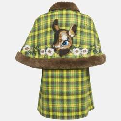 Pre Owned Gucci Yellow/Green Checks Wool and Faux Fur Trim Jacket 10Yrs