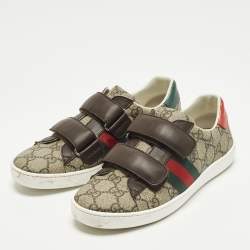 مملوكة مسبقًا Gucci Ace Size 34 Brown Coated Canvas and Leather Velcro Sneakers