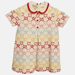 Pre Owned Gucci Kids Cream GG Embroidered Jersey Dress 24M