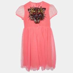 Gucci Neon Pink Crystal Embellished Tulle Tiger Dress (10 Yrs)