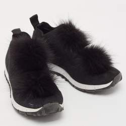 Jimmy Choo Black Knit Fabric and Lurex Norway Pom Pom Sneakers Size 34 (Kids)