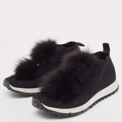Jimmy Choo Black Knit Fabric and Lurex Norway Pom Pom Sneakers Size 34 (Kids)