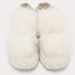 Jimmy Choo White/Silver Knit Fabric and Lurex Norway Pom Pom Sneakers Size 34 (Kids)