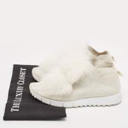 Jimmy Choo White/Silver Knit Fabric and Lurex Norway Pom Pom Sneakers Size 34 (Kids)