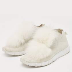 Jimmy Choo White/Silver Knit Fabric and Lurex Norway Pom Pom Sneakers Size 34 (Kids)