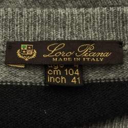 Pre Owned Loro Piana Green/Grey Striped Cashmere Elbow Patch Sweater 4 Yrs