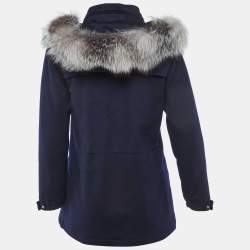 Pre Owned Loro Piana Kids Midnight Blue Cashmere Fox Fur Trimmed Detachable Hood Zip-Up Jacket 12 Yrs