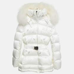 Pre Owned جاكيت منفوخ بغطاء رأس قابل للإزالة ومزخرف بلون إكرو من مواد صناعية للأطفال مانوديتشي 10 سنوات