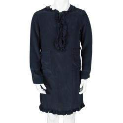 Marni Navy Blue Silk Ruffle Trim Detail Long Sleeve Dress 6 Yrs