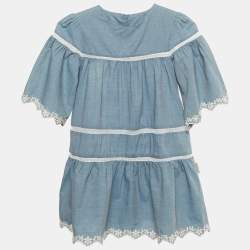 Pre Owned Moncler Kids Blue Lace Trim Chambray Mini Dress 8Yrs 
