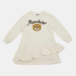 مملوكة مسبقًا Moschino Kids  White Logo Embroidered Teddy Bear Print Cotton Ruffle Dress 4 Yrs