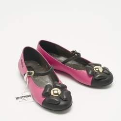 Pre Owned Moschino Pink/Black Leather Flower Ballet Flats Size 33