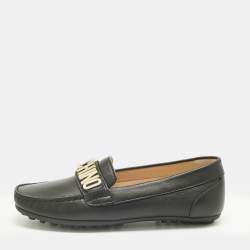Pre Owned Moschino Black Leather Logo Driving Loafers Size 33 