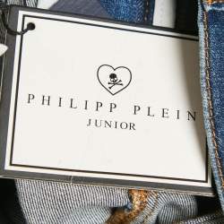 Pre Owned Philipp Plein Kids Blue Ripped Denim Jeans 6 Yrs Waist 22"