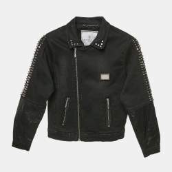 Pre Owned  Philipp Plein Junior Black Studded Faux Leather Denim Jacket 8 Yrs