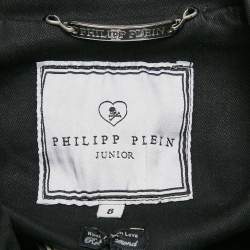 Pre Owned  Philipp Plein Junior Black Studded Faux Leather Denim Jacket 8 Yrs