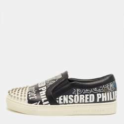 Pre Owned Philipp Plein Black/White Graffiti Print Leather Studded Slip On Sneakers Size 33