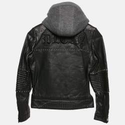 : Philipp Plein Junior Black Studded Leather Detachable Hood Biker Jacket 8 Yrs