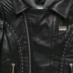 : Philipp Plein Junior Black Studded Leather Detachable Hood Biker Jacket 8 Yrs
