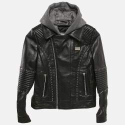 : Philipp Plein Junior Black Studded Leather Detachable Hood Biker Jacket 8 Yrs