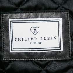 : Philipp Plein Junior Black Studded Leather Detachable Hood Biker Jacket 8 Yrs