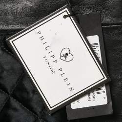 : Philipp Plein Junior Black Studded Leather Detachable Hood Biker Jacket 8 Yrs