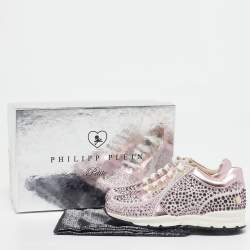 Pre Owned Philipp Plein Metallic Pink/White Leather and Suede Crystal Embellished Klarissa Sneakers Size 29