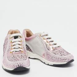 Pre Owned Philipp Plein Metallic Pink/White Leather and Suede Crystal Embellished Klarissa Sneakers Size 29