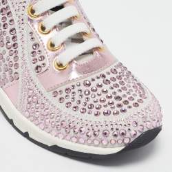 Pre Owned Philipp Plein Metallic Pink/White Leather and Suede Crystal Embellished Klarissa Sneakers Size 29