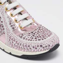 Pre Owned Philipp Plein Metallic Pink/White Leather and Suede Crystal Embellished Klarissa Sneakers Size 31