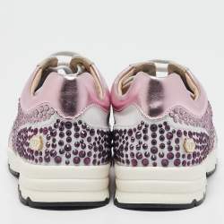 Pre Owned Philipp Plein Metallic Pink/White Leather and Suede Crystal Embellished Klarissa Sneakers Size 31