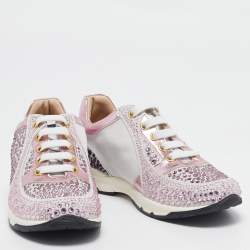 Pre Owned Philipp Plein Metallic Pink/White Leather and Suede Crystal Embellished Klarissa Sneakers Size 31