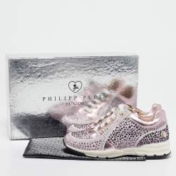 Pre Owned Philipp Plein Metallic Pink/White Leather and Suede Crystal Embellished Klarissa Sneakers Size 31