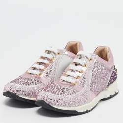 Pre Owned Philipp Plein Metallic Pink/White Leather and Suede Crystal Embellished Klarissa Sneakers Size 31