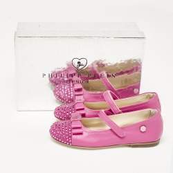 Philipp Plein Pink Leather and Suede Crystal Embellished Bow Ballet Flats Size 30