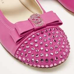 Philipp Plein Pink Leather and Suede Crystal Embellished Bow Ballet Flats Size 30