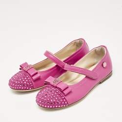 Philipp Plein Pink Leather and Suede Crystal Embellished Bow Ballet Flats Size 30